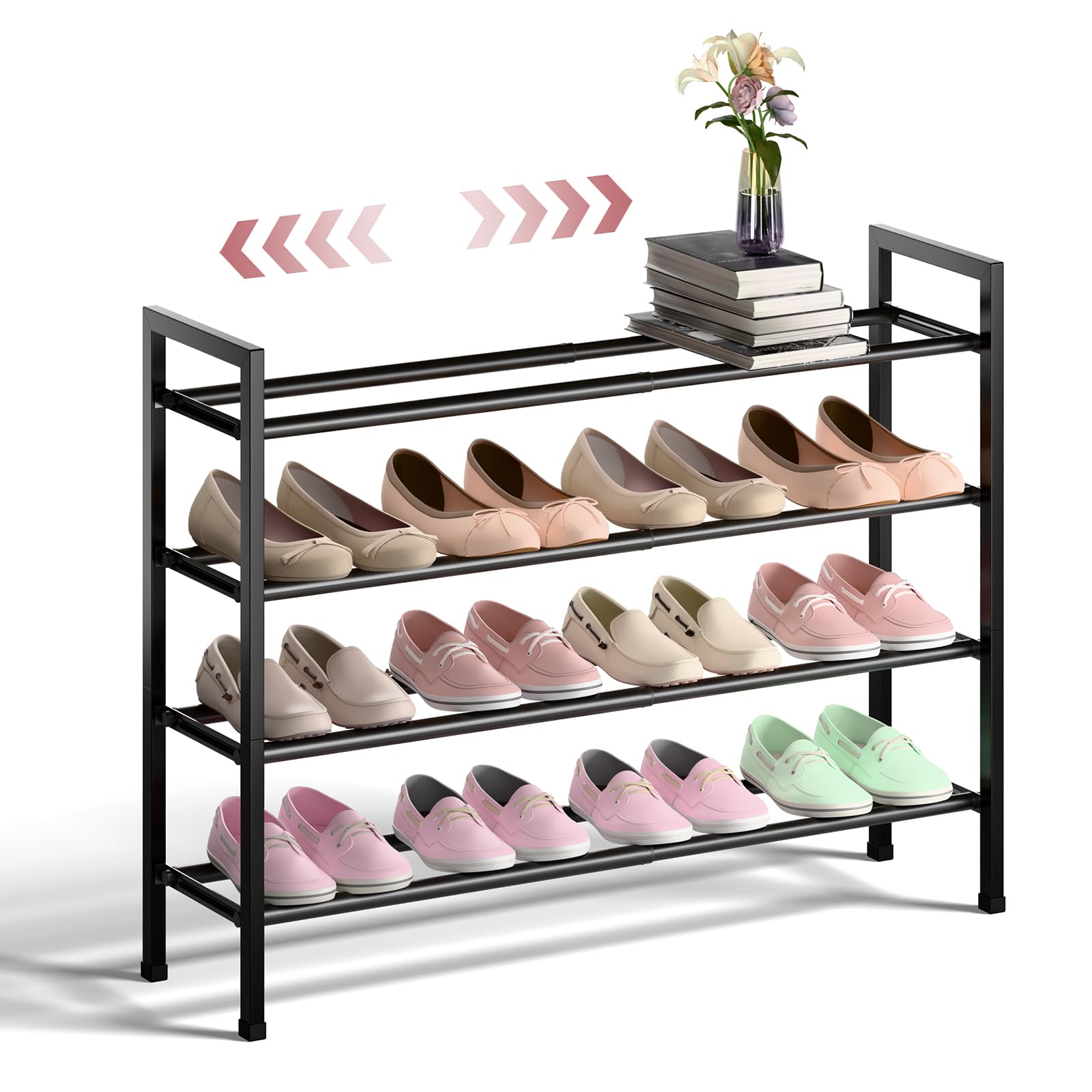 Bumusty 4-Tier Expandable Shoe Rack for Closet, 18“-33” Adjustable Shoe Rack for Small Space, Small Shoe Organizer for Front Door, Sturdy Metal, Black