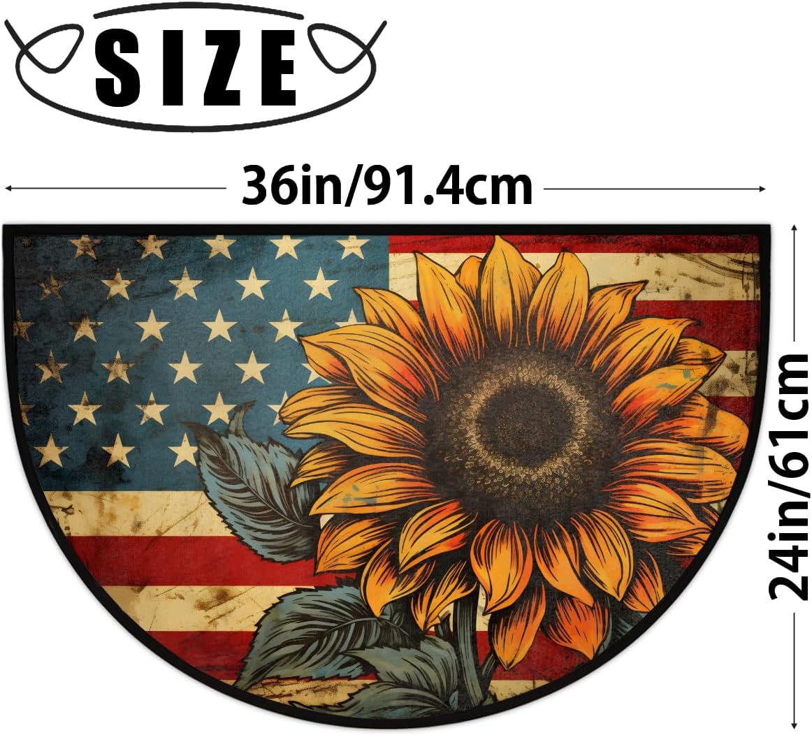 Half Round Door Mat Independence Day Retro Sunflower Half Moon Rug Washable Half Circle Area Rugs Indoor Entrance Non Slip Semi Circle Bathroom Rugs Floor Carpet for Kithen Bedroom Fireplace Decor