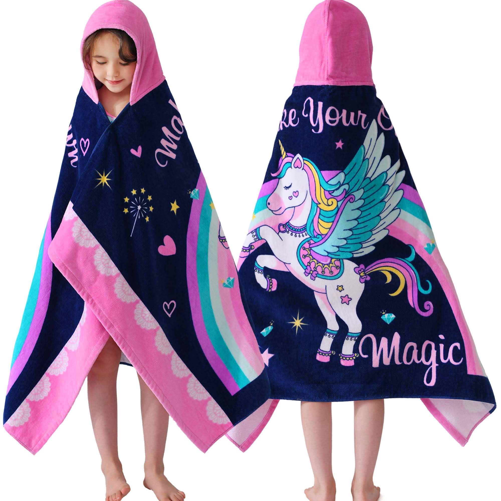 VOOVA & MOVAS Magic Unicorn Kids Towels with Hood Age 3-8,100%Cotton,Gentle | 50"x30", Beach Pool Bath Towel,Gift for Girls,Wearable Towel,Absorbent & Thick,Machine Washable Durable,Chemical-Free Multicolor -Maggic Unicorn 50.00''x30.00''(3-8 Years)