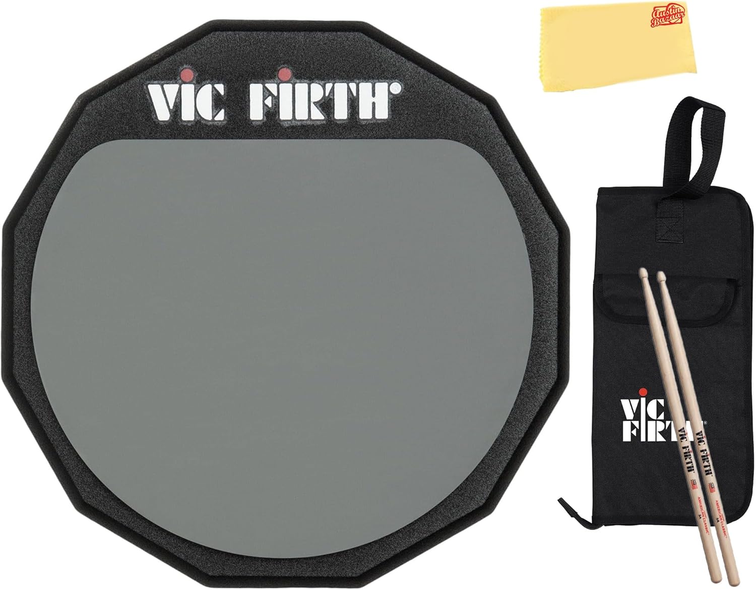Vic Firth 6" Double Sided Drum Practice Pad Bundle with a Pair of 5A Drumsticks, Stick Bag, and Austin Bazaar Polishing Cloth