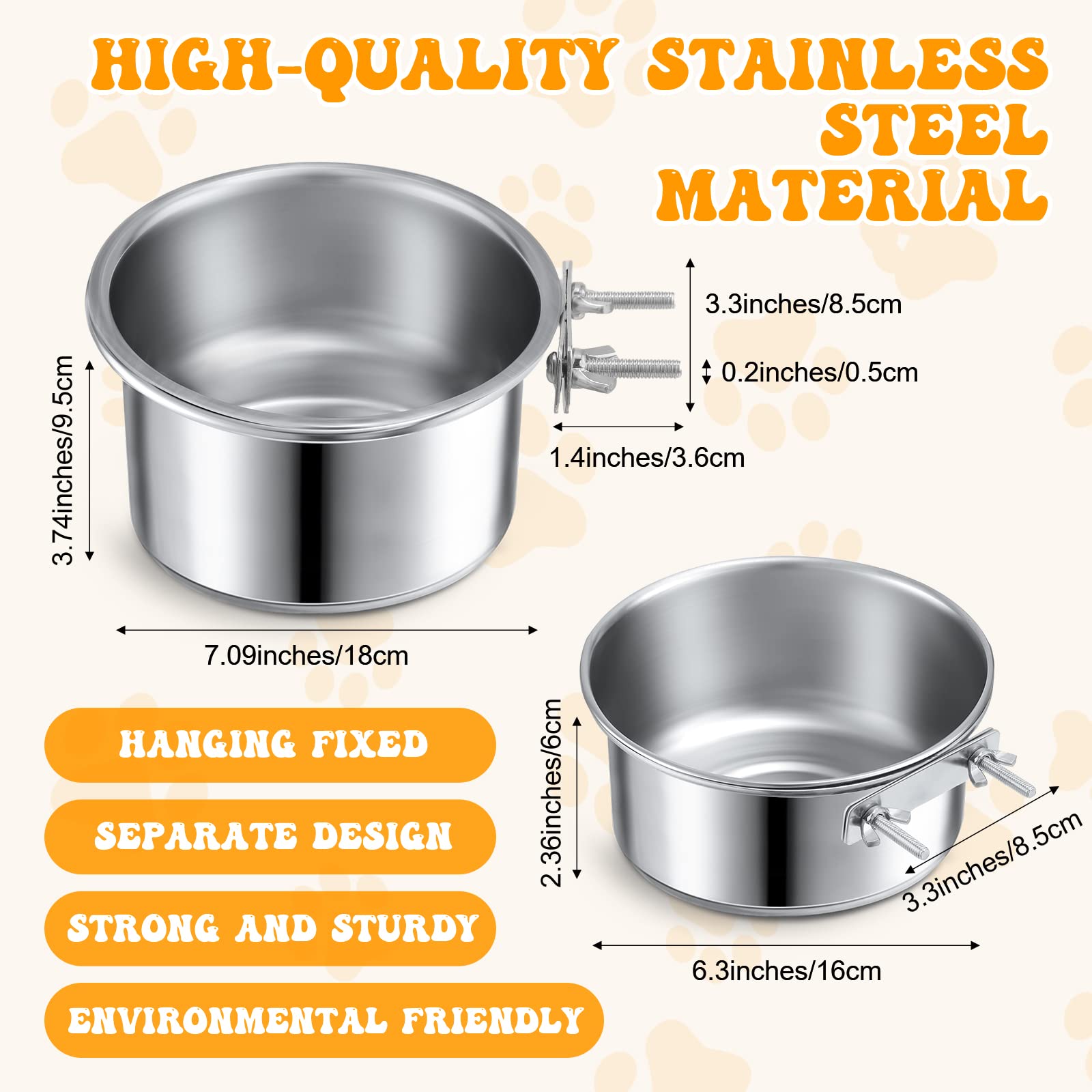 Zopeal 6 tazze da cucina in acciaio inox per animali domestici, con supporto per morsetto, per gatti, cani, casse, gabbie, canili, 2 misure