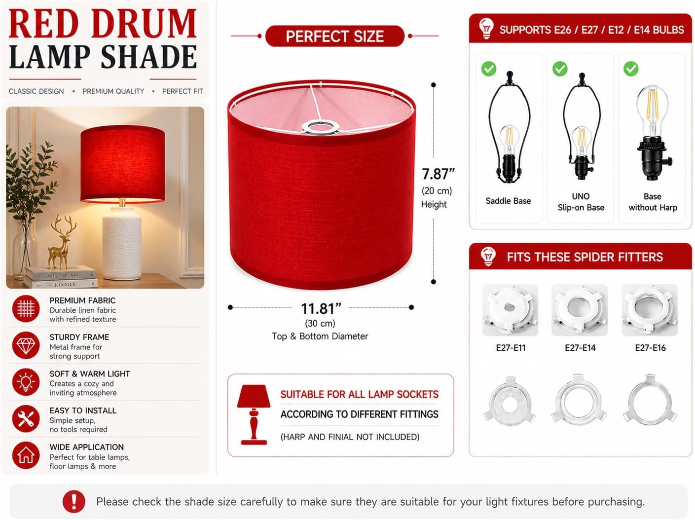 Red Drum Lamp Shade, Medium Lamp Shade Replacement 11.81" Top x 11.81" Bottom x 7.87" High, Fabric Lampshade for Table Lamps, Floor Lamps, Bedroom Bedside Lamps, E26 E27 Compatible