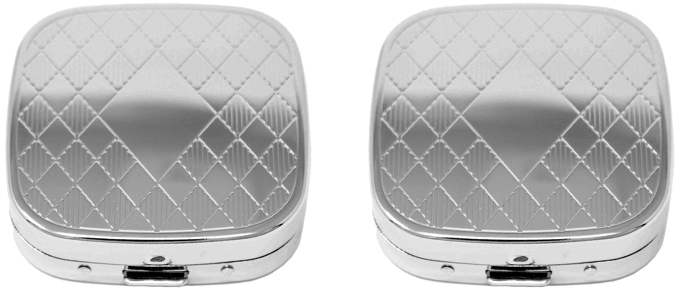 Set of 2 Square-Shaped Pocket Purse Pill Box with Mirror (Silver Etched Diamond Pattern - Engraveable)