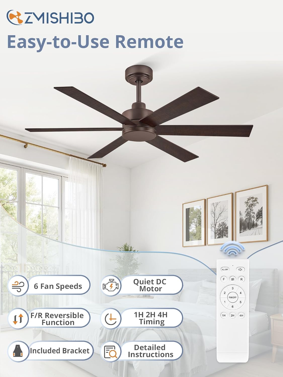 ZMISHIBO 48 Inch Ceiling Fans Without Lights, Farmhouse Ceiling Fan, 6 Blades, Quiet Reversible DC Motor, 6-Speeds, Brown Ceiling Fan With Remote for Living Room, Bedroom, Garage, Indoor/Outdoor Use