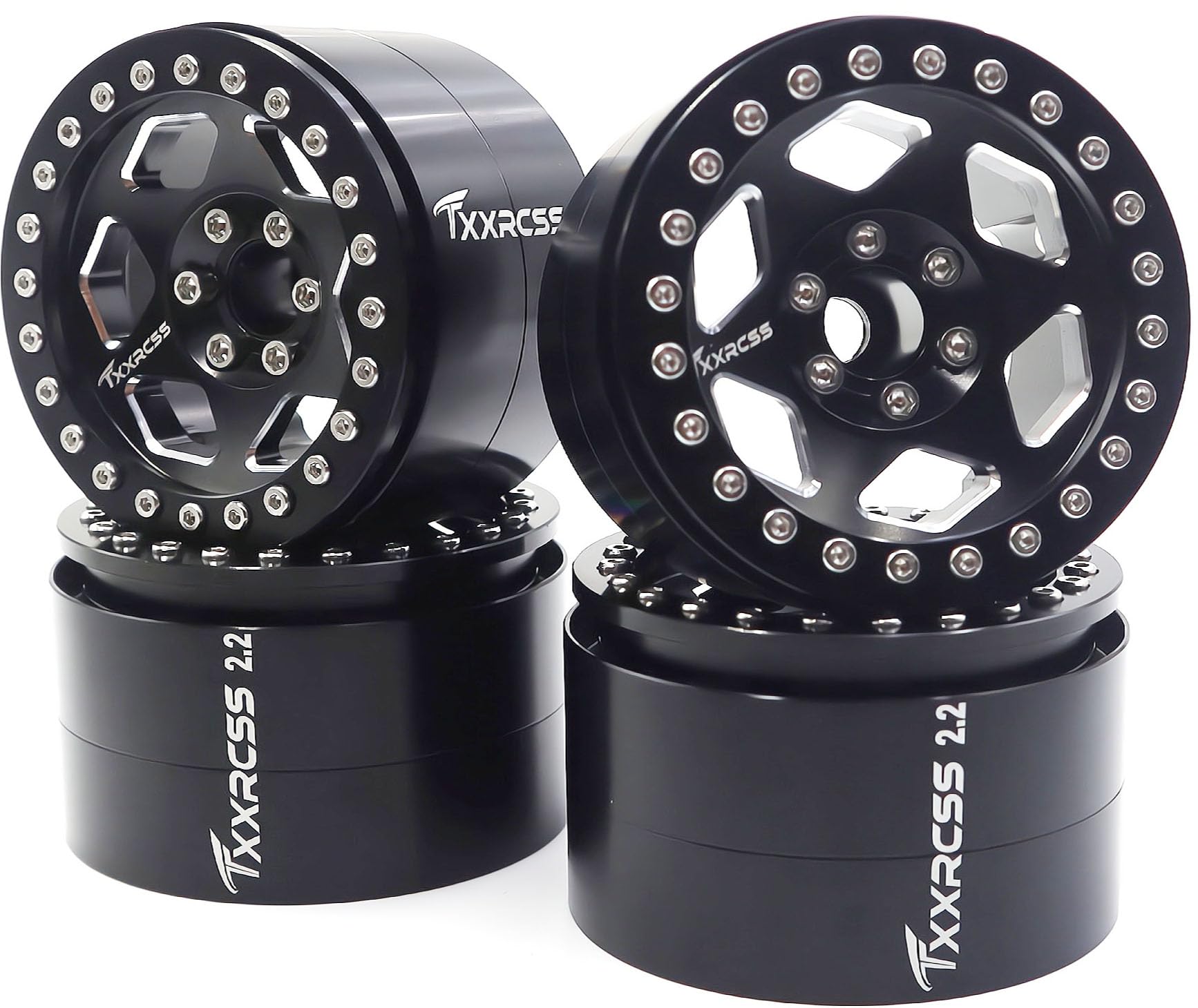 Txxrcss RC 2.2 Aluminum Alloy Beadlock Wheels and Tires Upgrades Accessories Rims for 1/10 SCX10 TRX4RC4WD and D90 RC Crawler Axial Remote Control Car ?4pc?(Black)