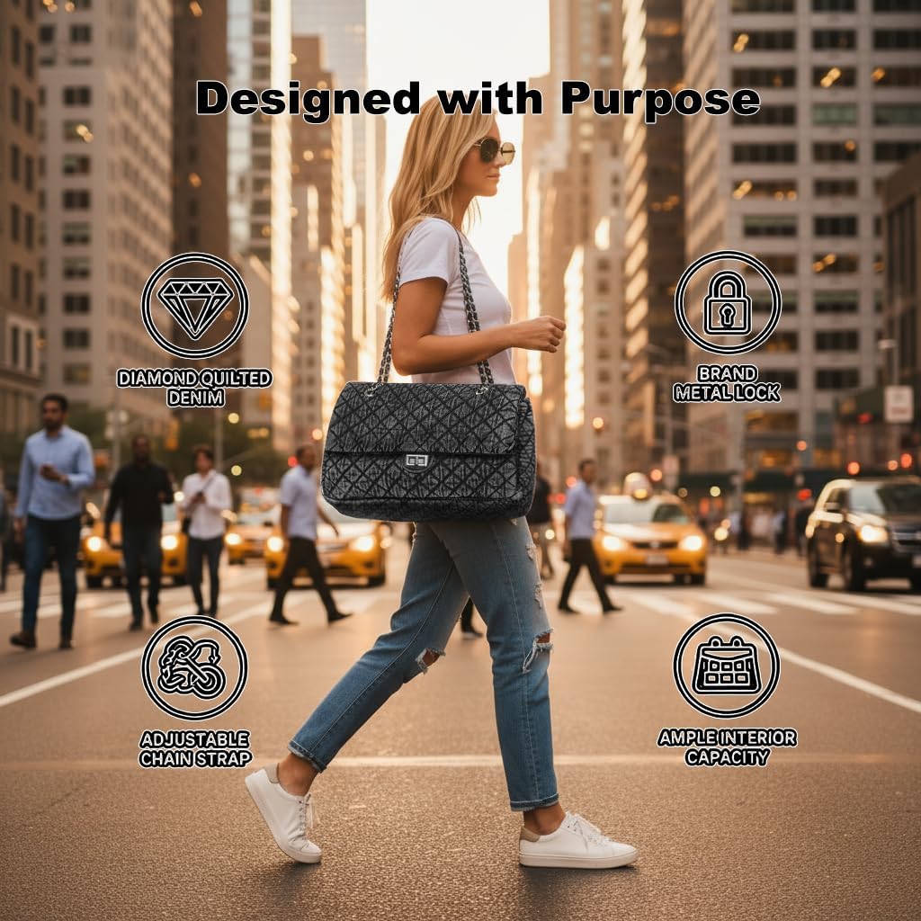 Quilted Denim Purse for Women, Large Capacity Vintage College Style Shoulder Bag Denim Tote Bag, Chain Crossbody Bag - Image 4
