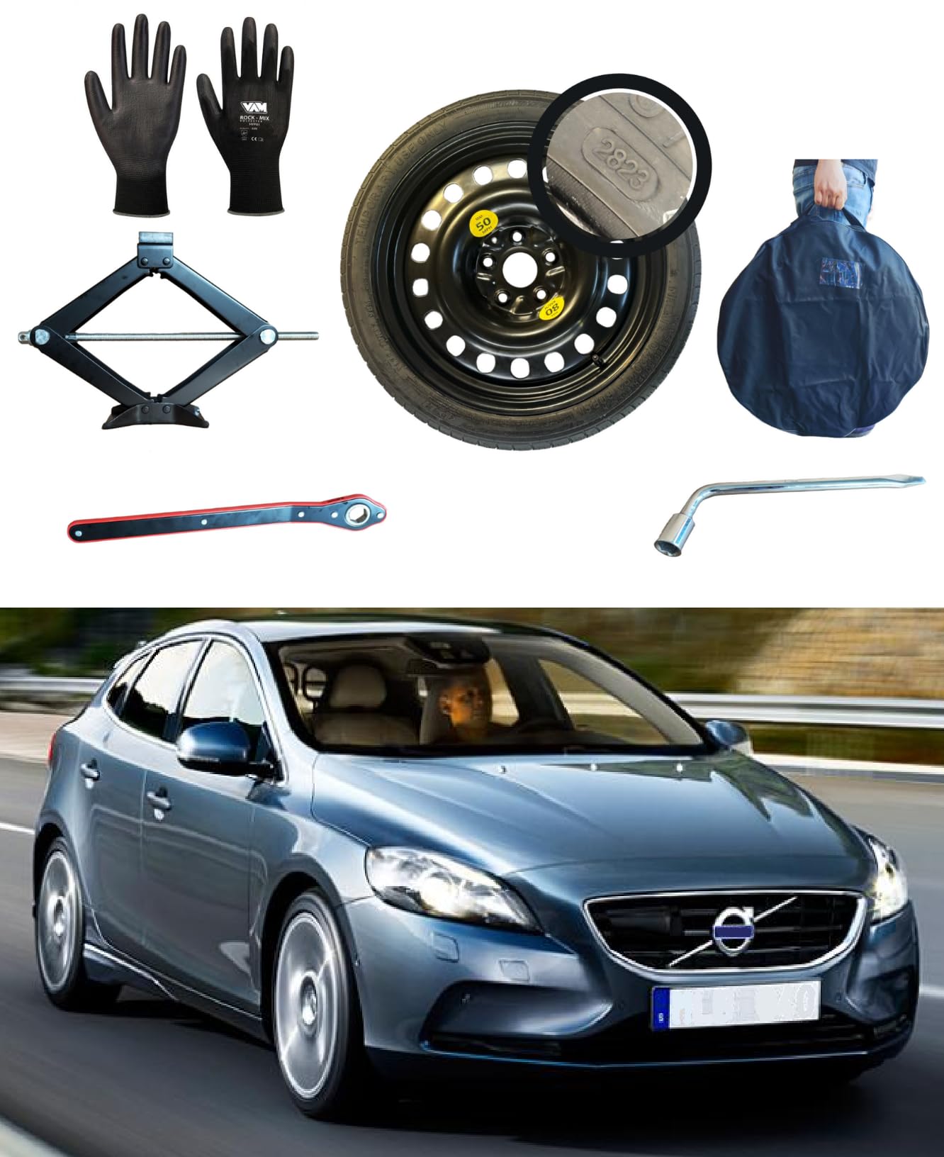 Kit de Rueda de Repuesto 17" compatible con Volvo S60 con Gata, Llave, Guantes y Funda125/80R17