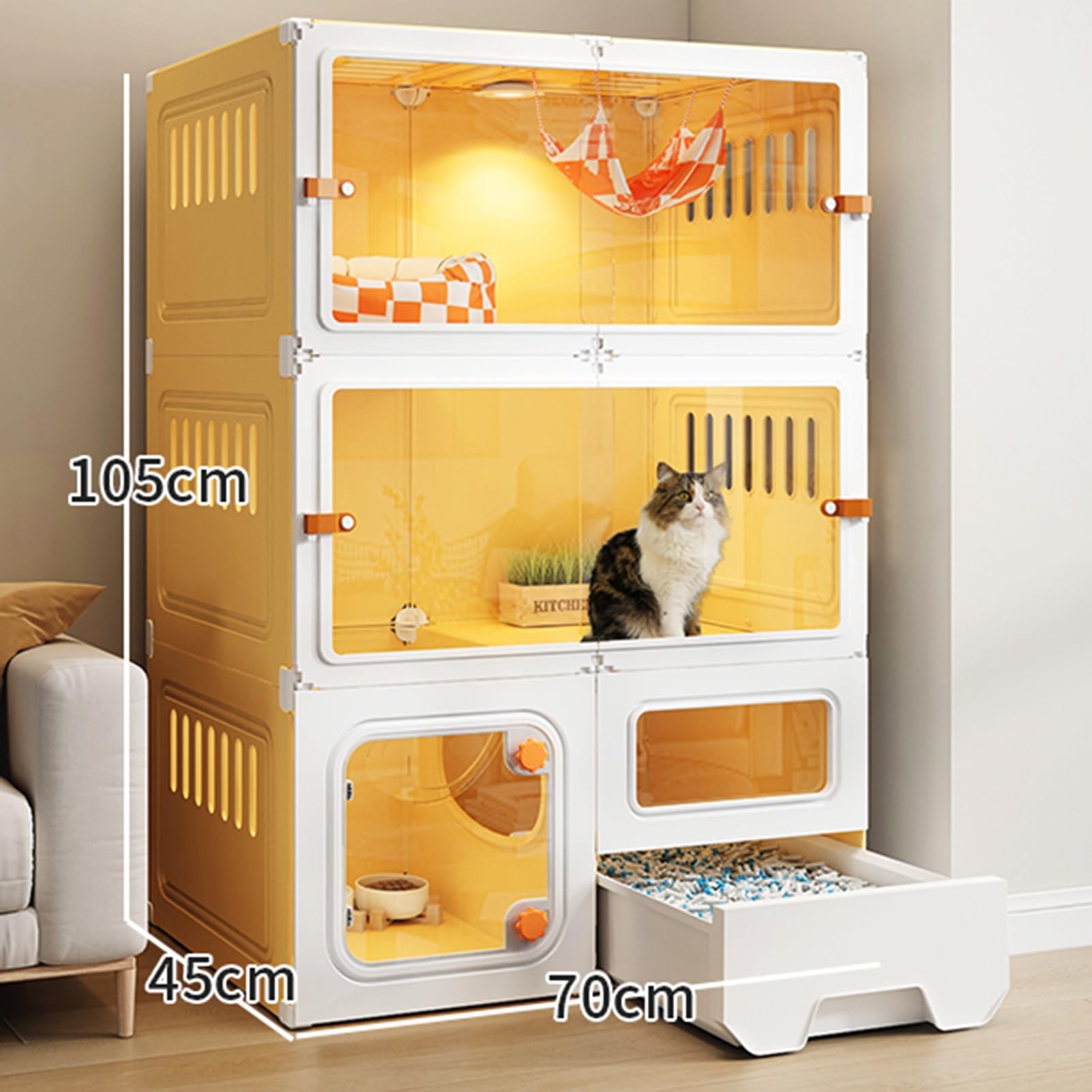 Cat Cage Indoor Cat Enclosures, DIY Cat Playpen with Cat Litter Box, Tall Three-Tier Cat Enclosures with 360° Ventilation, with Sliding Transparent Cat Door(White)