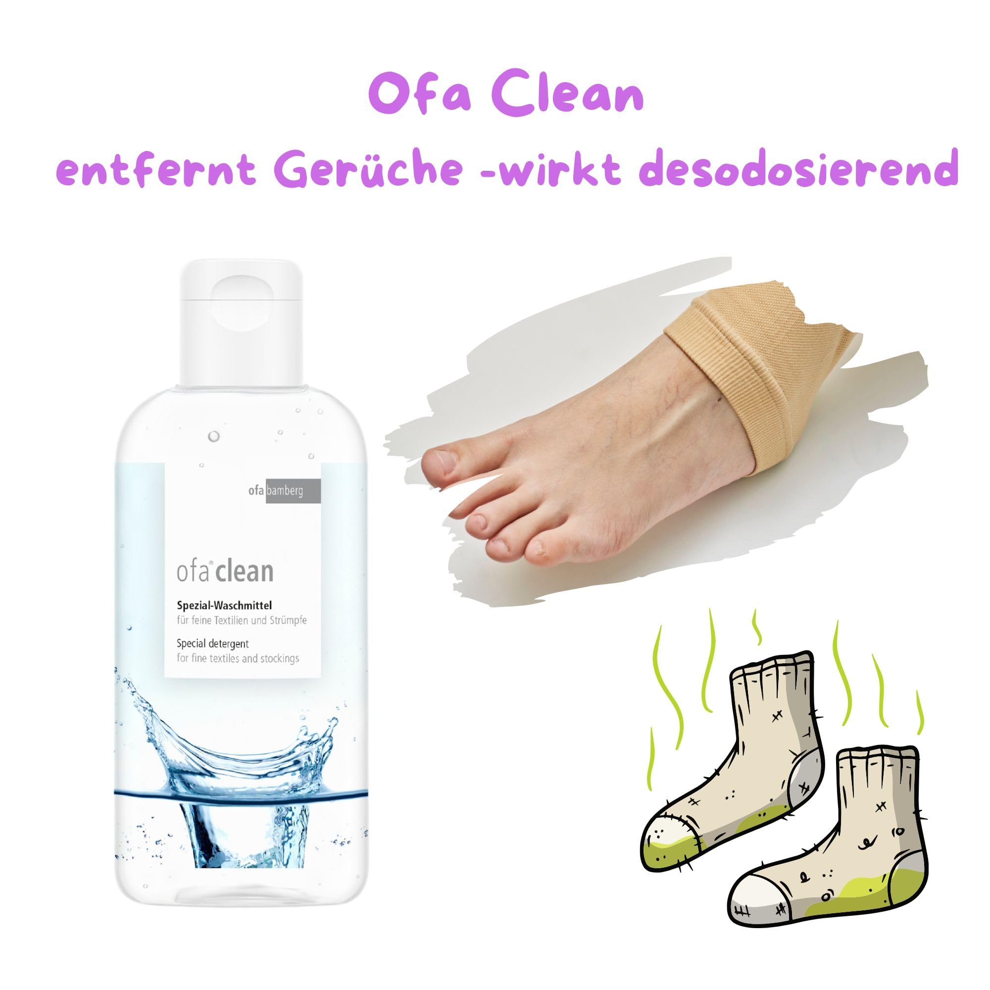 Ofa Clean Spezialwaschmittel Stützstrümpfe + Olanmarp Wäschenetz (500 ml) | Schonende Pflege für Kompressionsstrümpfe, inkl. Wäschenetz – ideal für empfindliche Medizintextilien