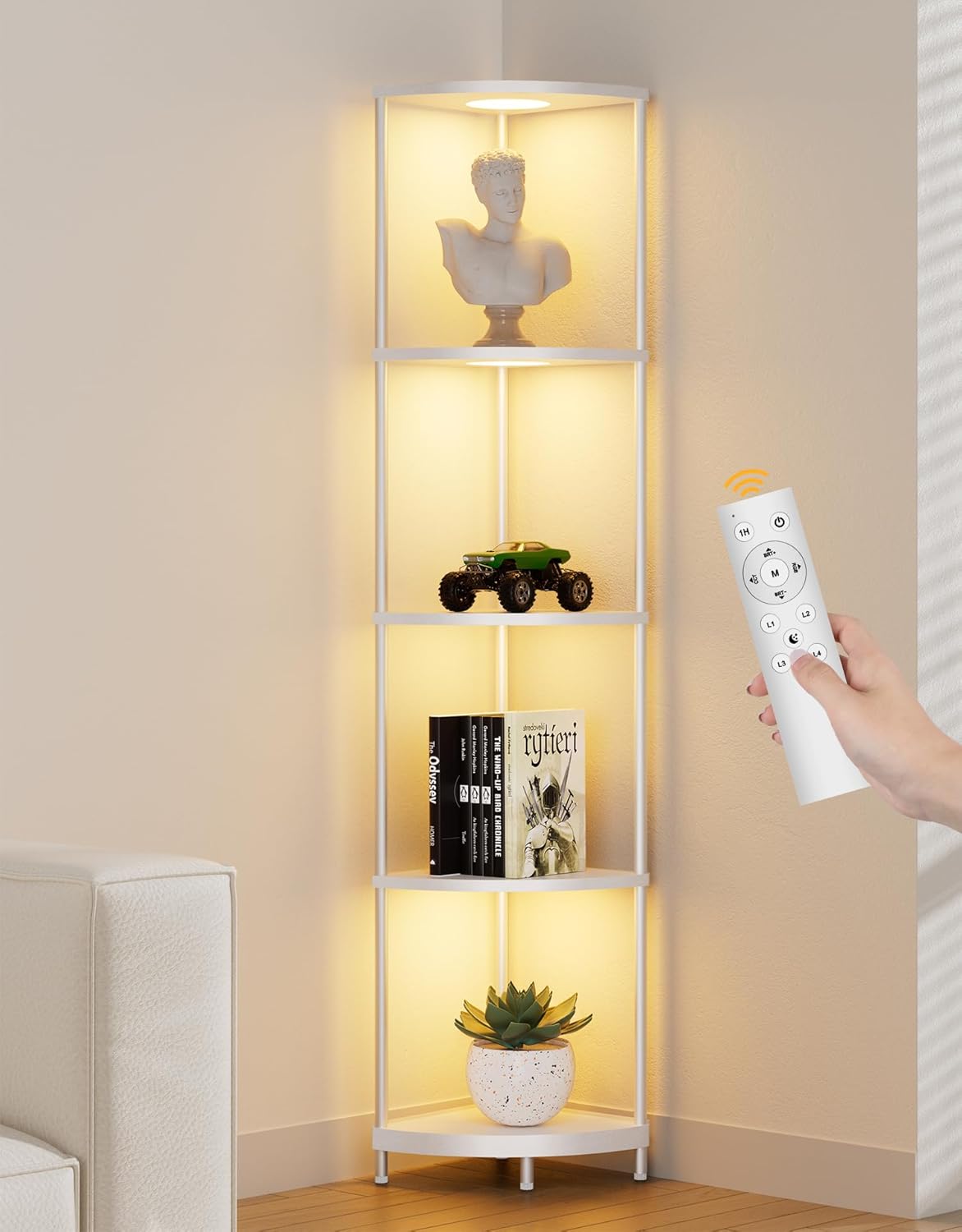 Corner Shelf with RGBCW LED Light, 64.5” Tall Floor Lamp Narrow Bookshelf Organizer, Standing Shelves with Metal Pole, Display Storage Rack for Wall Corner, Living Room, Bedroom, Office Décor, White