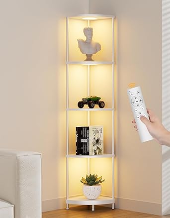Corner Shelf with RGBCW LED Light, 64.5 Tall Floor Lamp Narrow Bookshelf Organizer, Standing Shelves with Metal Pole, Display Storage Rack for Wall Corner, Living Room, Bedroom, Office Decor, White