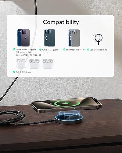 Miniatura 7 de ESR para cargador Magsafe, cargador inalámbrico de 15 W, almohadilla de carga inalámbrica para iPhone 15/14/13/12, AirPods 4/3/Pro/Pro 2, Galaxy