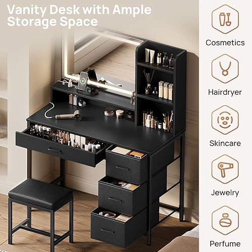 Miniatura 3 de Rolanstar Escritorio de tocador con espejo y luces, tocador de maquillaje con taburete tapizado, 4 cajones, tomas de corriente, juego de tocador con
