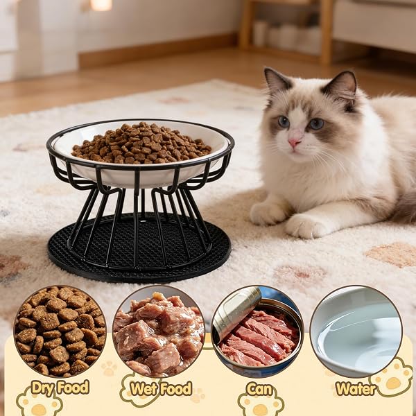 2 Piezas Comedero Gato Elevado Cuenco Cerámica Gato Elevado 10 cm con Soporte y Antideslizante Alfombrilla, Platos para Gatos Elevados para Agua y Comida - 4