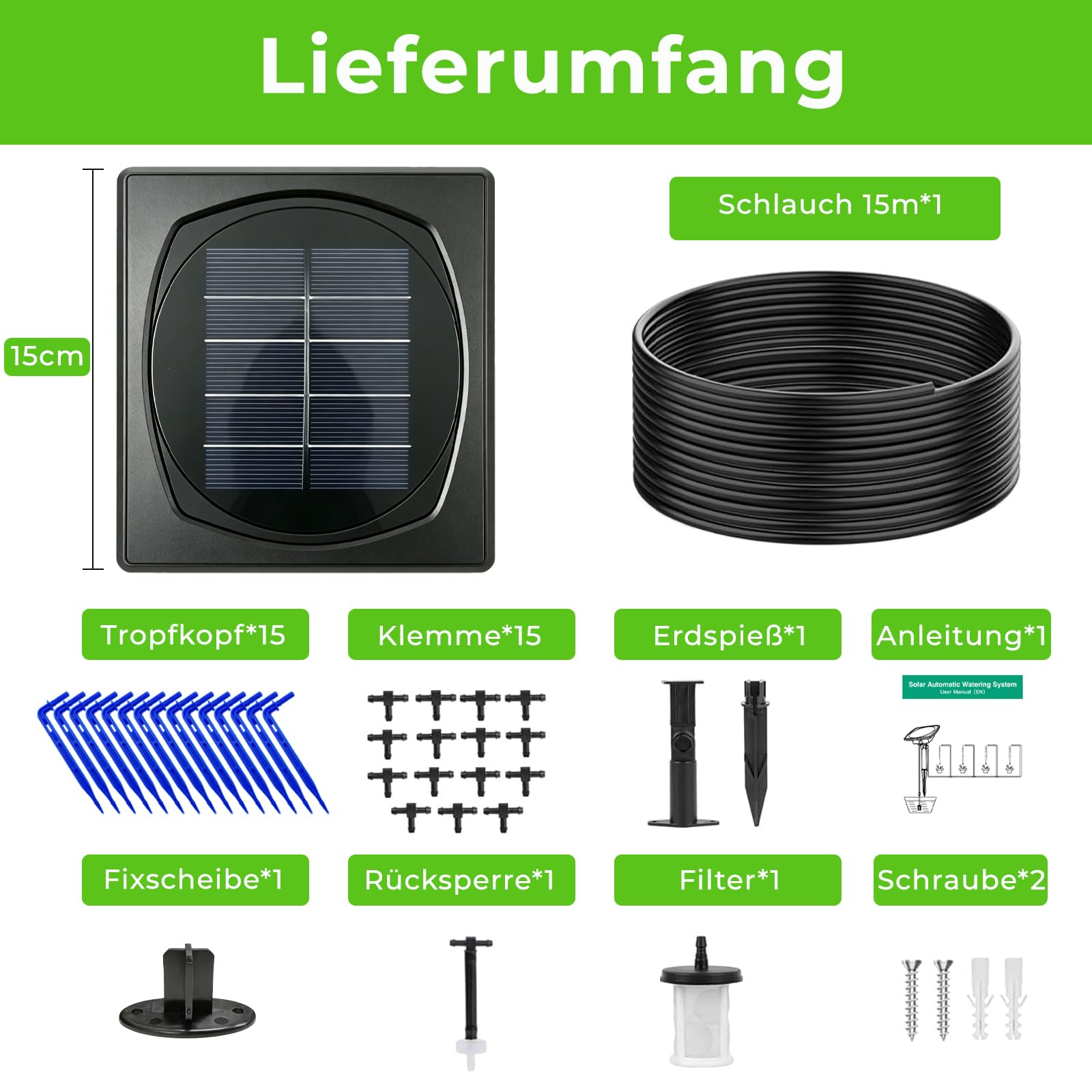 Sistema di irrigazione solare – Giardino balcone irrigazione automatica con 12 modalità & 15 m tubo e valvola di ritegno, irrigazione a goccia solare per giardino, balcone, serra, aiuola rialzata