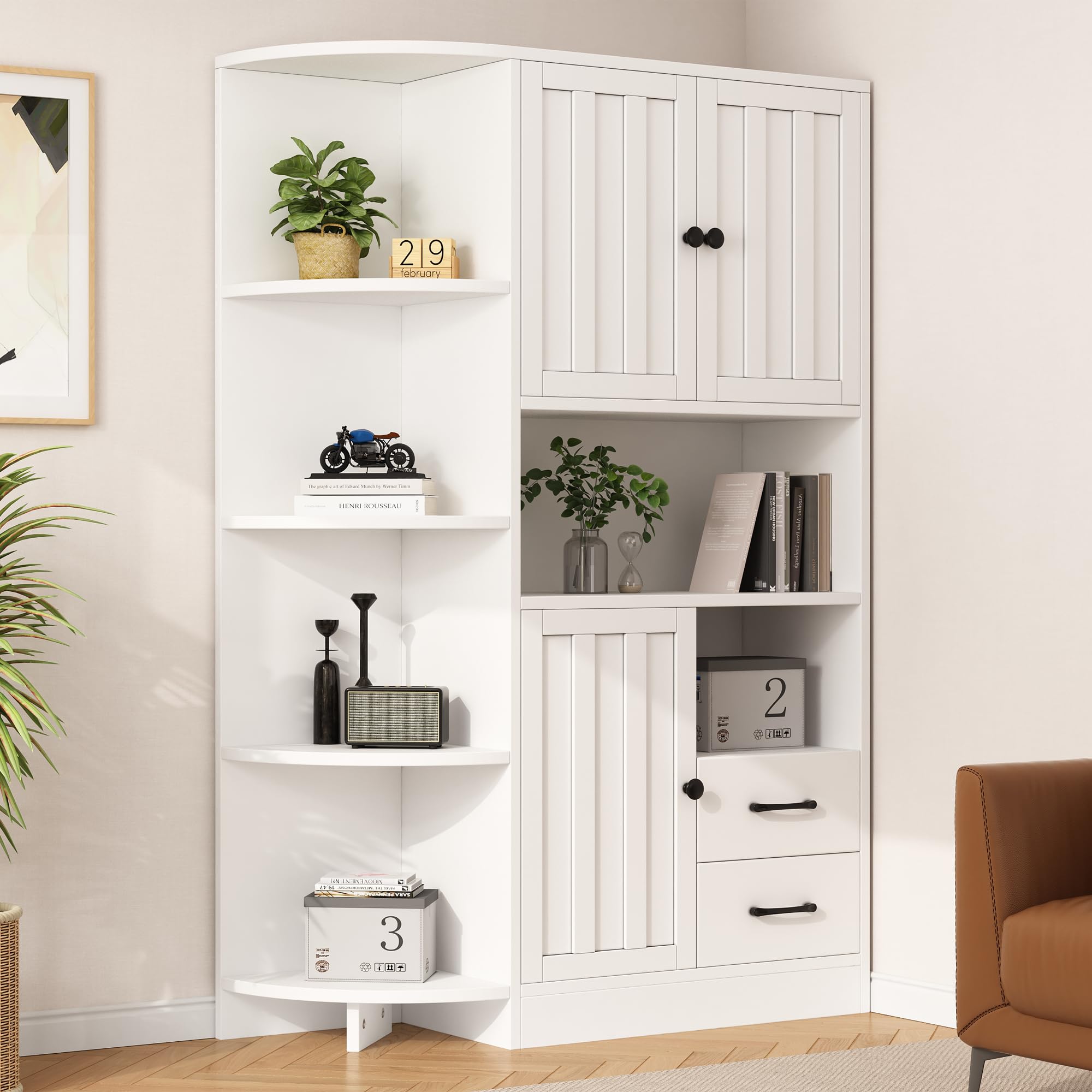 104 x 35 x 155 cm, armario de esquina con 3 armarios + 2 cajones, estanterías de salón, armarios altos y highboard con un total de 14 áreas de almacenamiento, estanterías, aparador, color blanco
