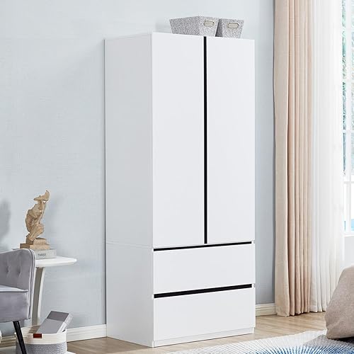 74.2" H 2 Doors 2 Drawers Wood Wardrobe Armoire Closet Cabinet, Modern Tall White Freestanding Armoire Wardrobe Cabinet with Hanging Rod, Bedroom Clothes Storage Organizer