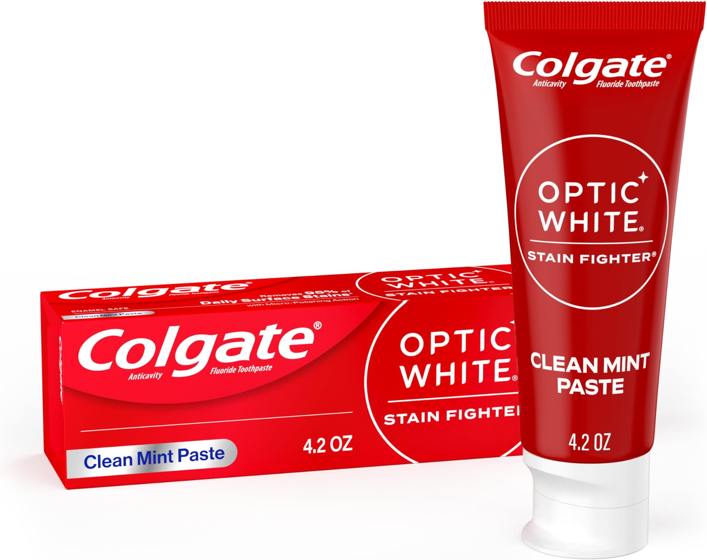 Colgate Optic White Stain Fighter Anticavity Fluoride Teeth Whitening Toothpaste, Enamel-Safe for Daily Use, Prevents New Stains, Clean Mint, Pack of 24, 4.2 oz