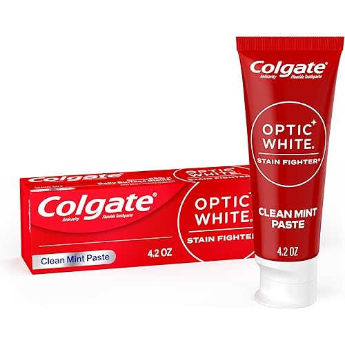 Colgate Optic White Stain Fighter Teeth Whitening Toothpaste, Anticavity Fluoride Toothpaste for Whitening Teeth, Helps Remove Daily Surface Stains, Clean Mint Paste, 4 Pack, 4.2 oz