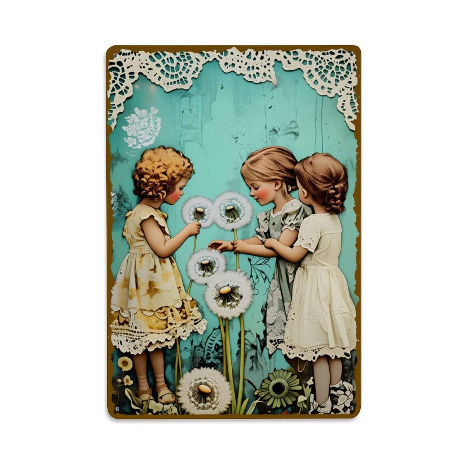 Enderetf Vintage Children Dandelion Garden Lace Tin Sign Metal Poster, Home Bar Garage Man Cave Cafe Indoor & Outdoor Wall Decoration 8X12inches