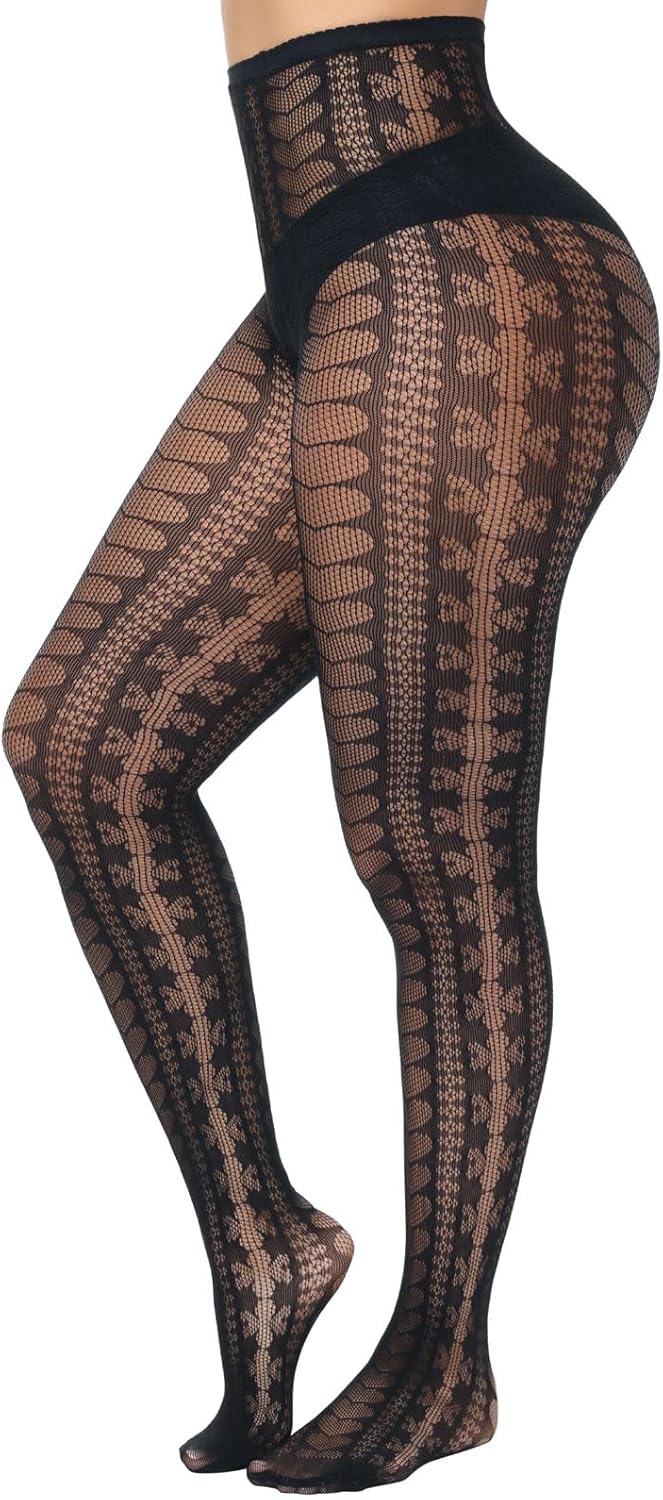 XIUSEMY Fishnet Stockings for Women Sexy Tights Lace Pantyhose Patterned Leggings Black Plus Size - Image 4