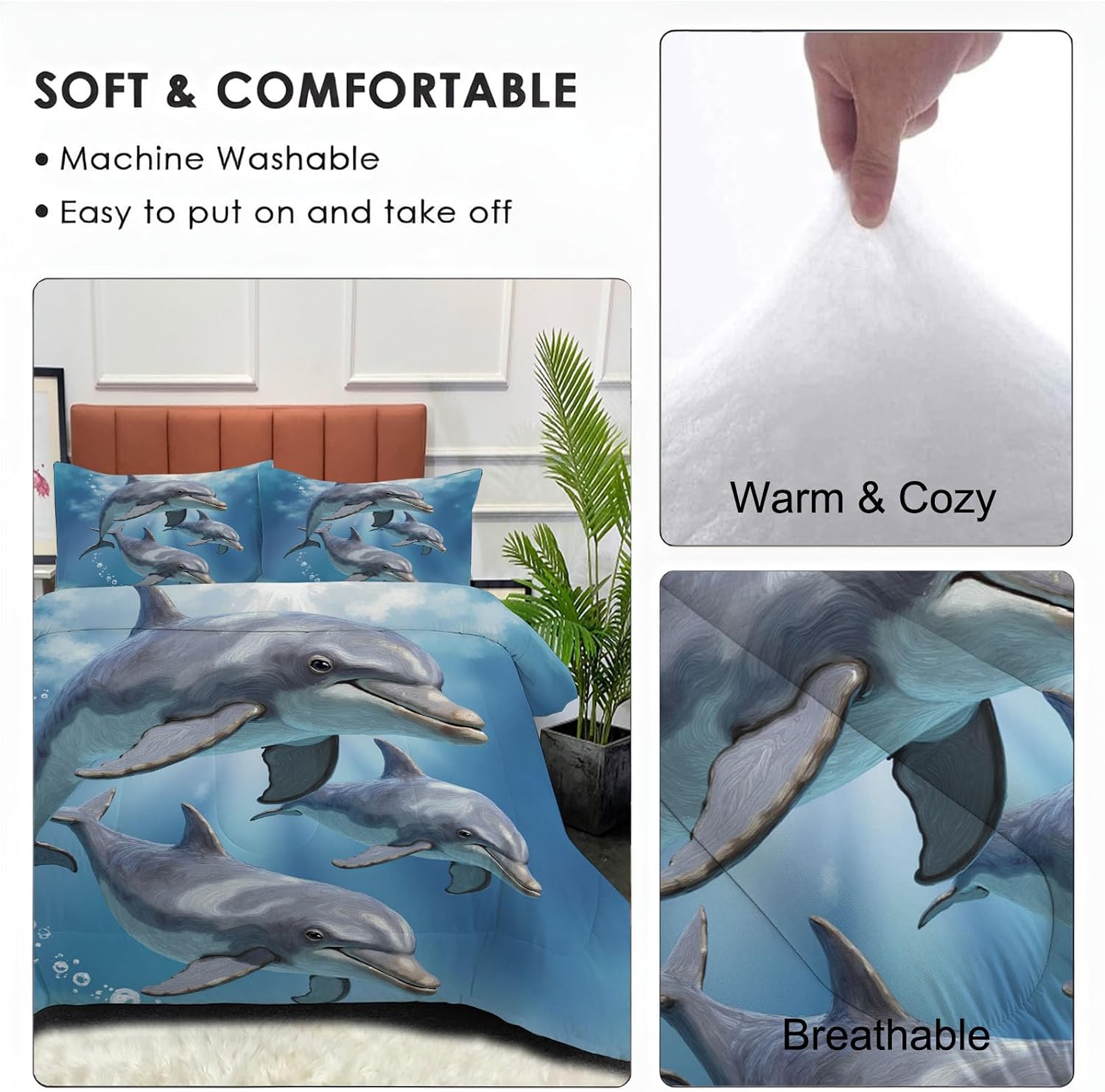 3 Piece Quilts Full Size Bedding Set, Light Blue Lightweight Bedspread, Soft Microfiber, Dolphin Waves Pattern for All Season Bed Coverlet with 2 Pillow Shams, 79"X90"