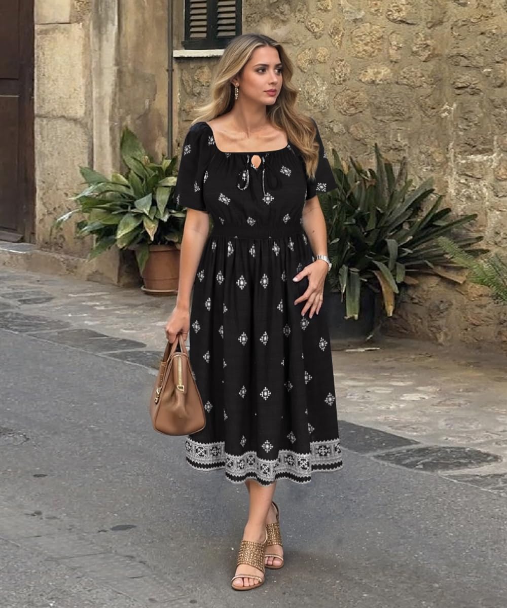 CARCOS Womens Plus Size Dress Summer Short Sleeves Square Neck Tie Front Elastic Waist Midi Dress with Pockets XL-5XL - Image 3