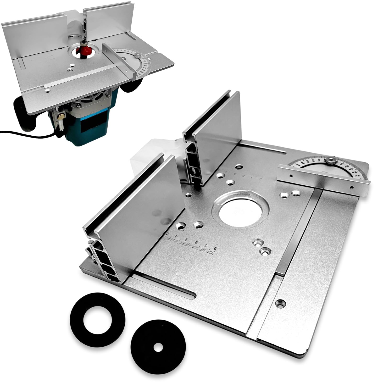 Placa de inserción de mesa de enrutador de aluminio, tablero abatible de banco de carpintería 2 en 1 con soportes deslizantes de valla de aluminio Placa abatible de enrutador para