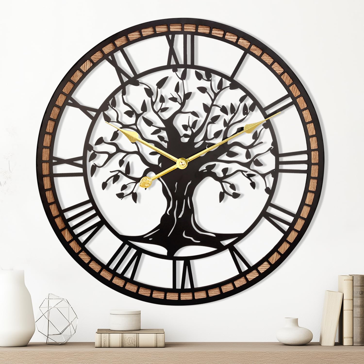 Wall Clock,20" Large Wall Clock for Living Room Decor,Tree of Life and Wooden Frame Design,Non-Ticking Battery Operated,for Dining Room,Bedroom,Kitchen,Office Arabic Decoration