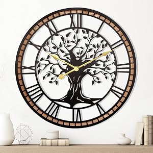 Wall Clock,Large Wall Clock for Living Room Decor,Tree of Life and Wooden Frame Design,Non-Ticking Battery Operated,for Dining Room,Bedroom,Kitchen,Office Arabic Decoration (Black Rome, 24 Inch) | Accent, approx. 5.1 lb, silent movement, hardware inc