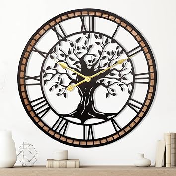 24" Tree of Life Wood and Metal Wall Clock, Rustic Decor | Accent, approx. 5.1 lb, silent movement, hardware included, 1 AA battery not included; fits medium wall spaces