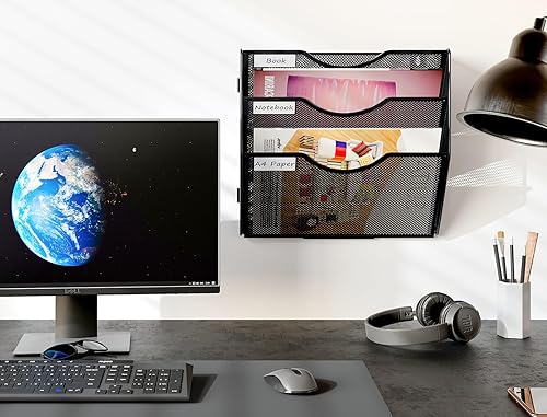 Vista 6 de PAG Soporte para archivos de pared colgante, clasificador de correo de 3 niveles para pared, organizador de pared de oficina de malla