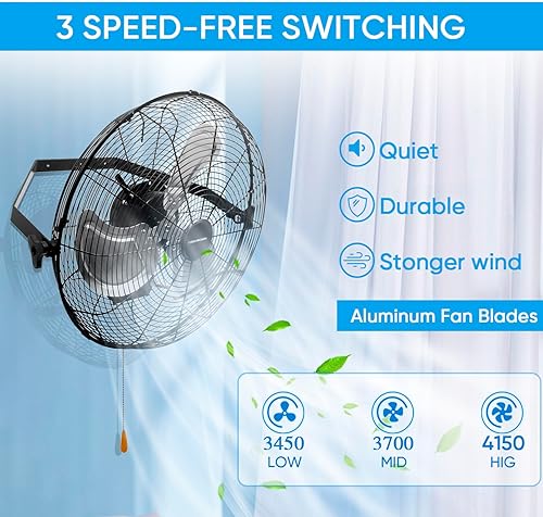 Vista 2 de KEN BROWN Ventilador industrial de montaje en pared de 18 pulgadas, ventilador de metal resistente de 4300 CFM, ventiladores oscilantes de alta