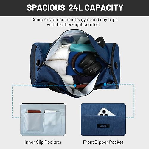 Miniatura 5 de MIER Bolsa de deporte redonda con compartimento para zapatos y bolsillo húmedo, bolsa de mano ligera para hombres y mujeres, entrenamiento, fitness