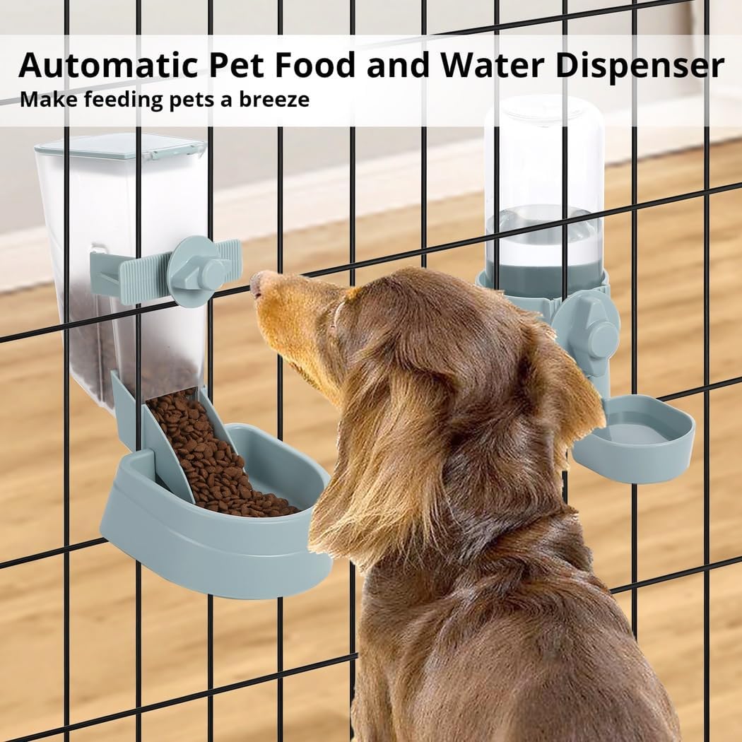 Hanging Food Water Dispenser for Pets, 1L Food Feeder and 17Oz Water Bottle Combo for Cats, Dogs, Ferrets, and More
