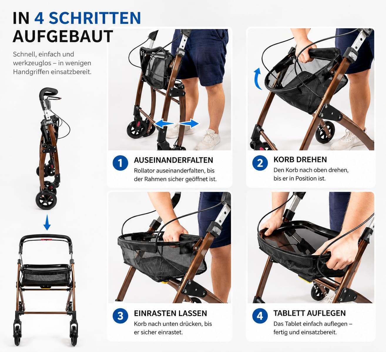 Casa Soft Braun Rollator schmal für Wohnung & Innenbereich, faltbar & leicht, 5 kg I höhenverstellbarer Wohnungsrollator von Lösch Reha I zuverlässige Gehhilfe für Senioren