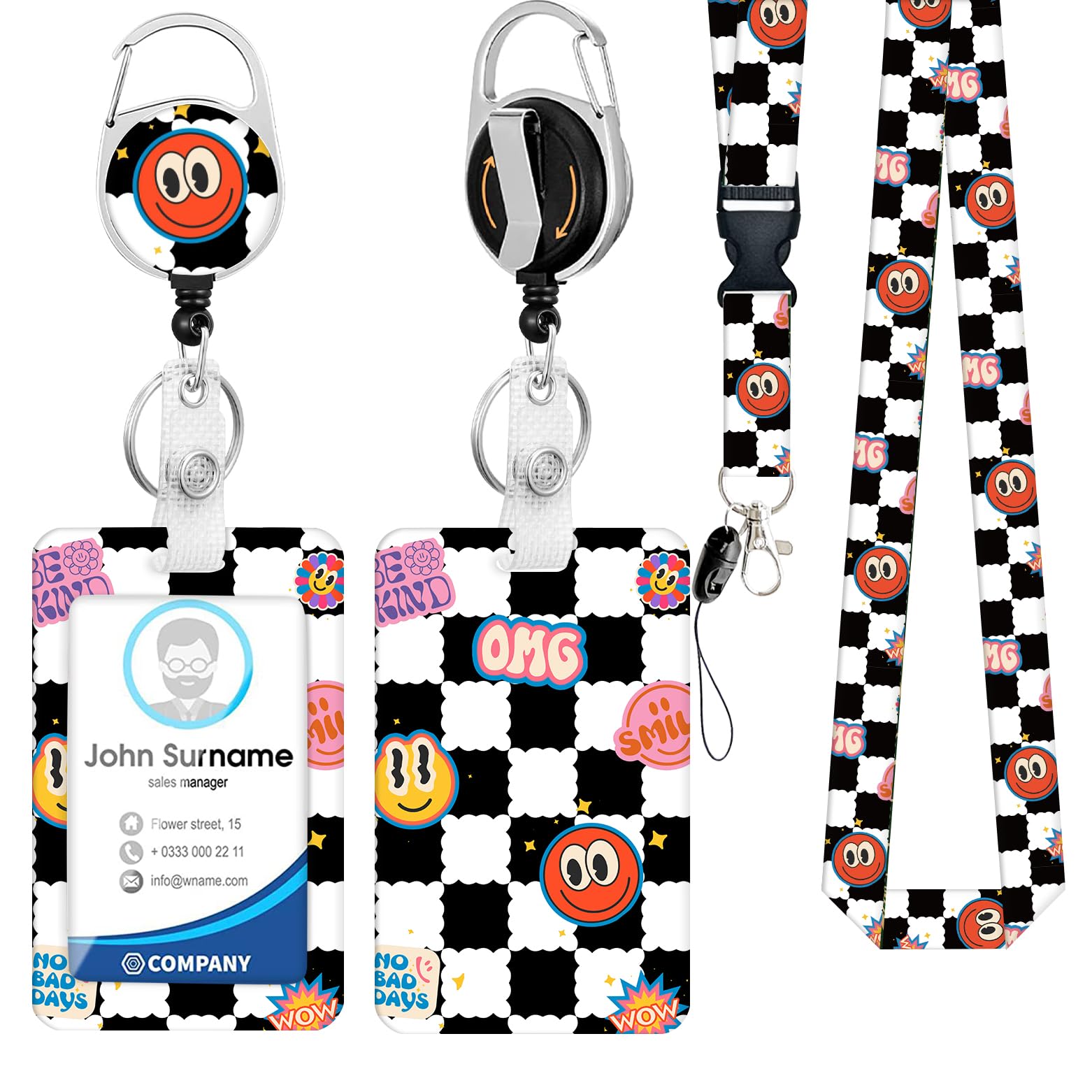 BUDUOZHI Lanyard with ID Holder Grid Badge Holder with Retractable Reel Clip Badge Reel Heavy Duty with Carabiner Clip Card Name Tag Lanyard Vertical