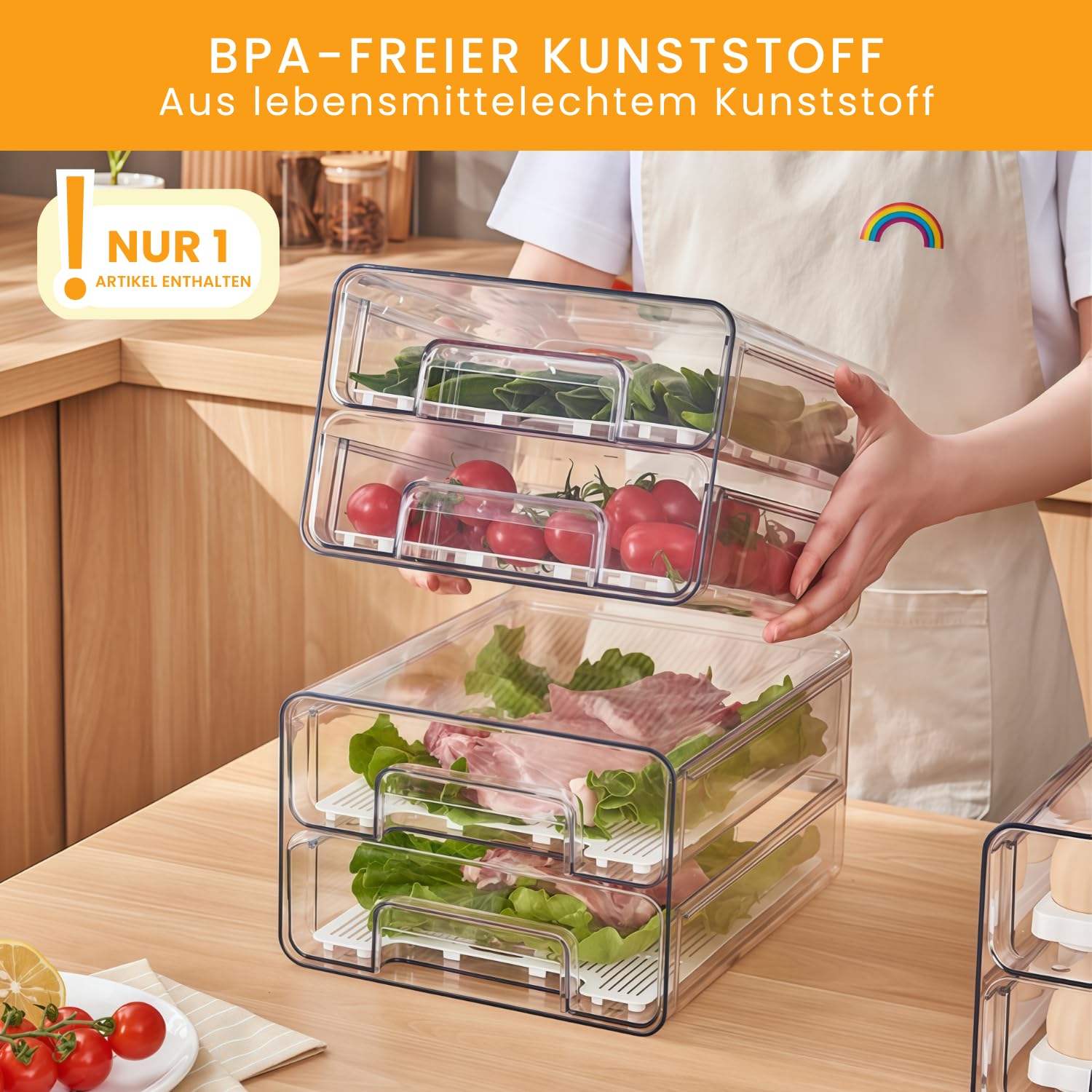 1 Stück Kühlschrank Organizer Schublade Doppelschichtige Stapelbar, Aufbewahrungsbox Kücheorganizer, Speisekammer Vorratsbehälter Durchsichtig Behälter für Kühlschrank, Küchen, Schränke