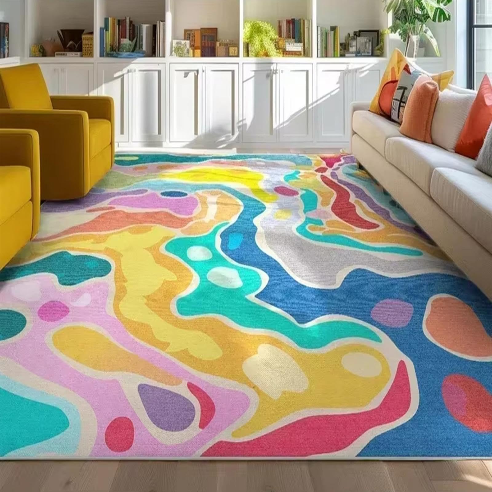 Tapis salon abstrait coloré 120x120cm moderne pour chambre et cuisine