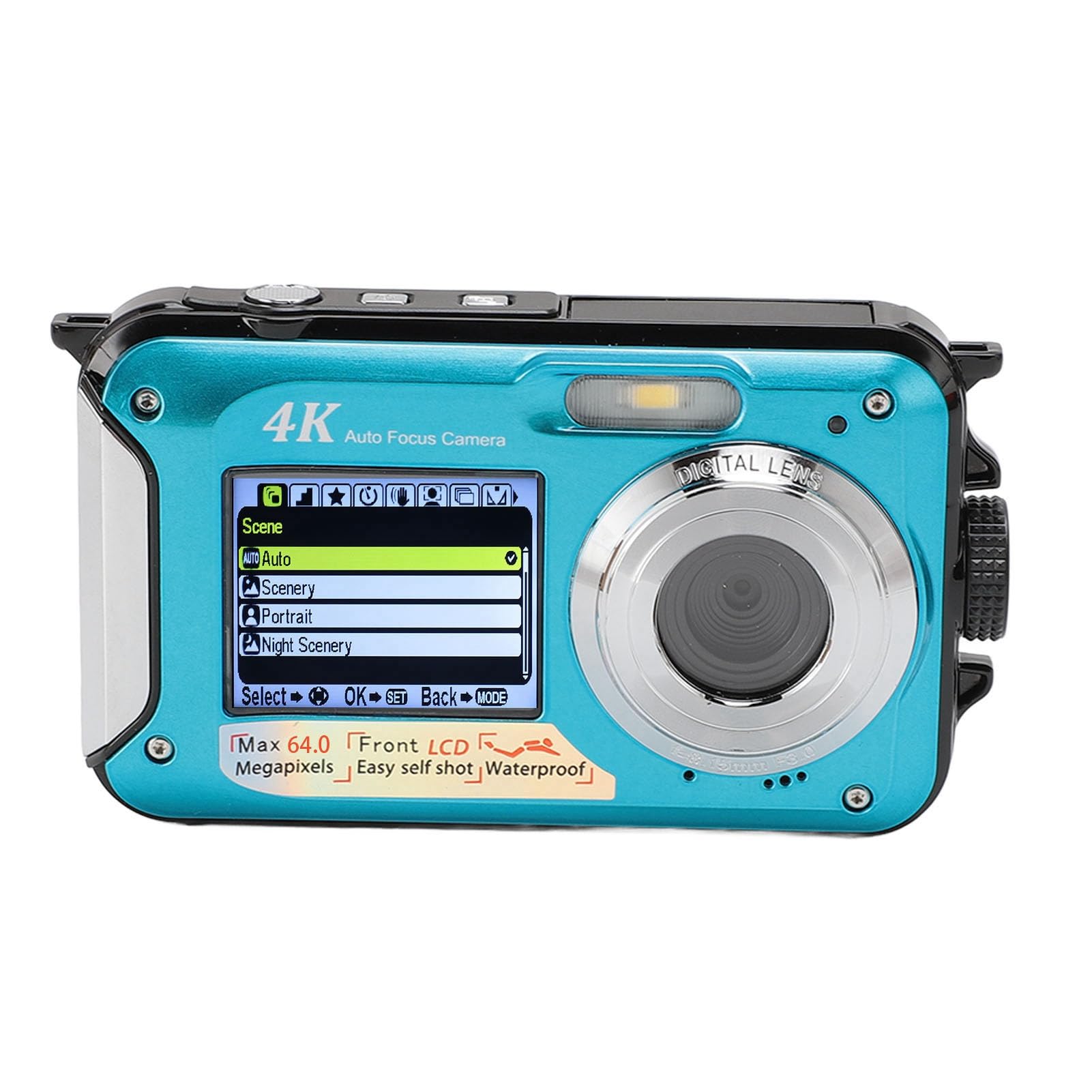 Yunseity 4K 56MP Camera, 10ft Dual Screen HD Underwear Camera to Record While Charging for Snorkeling (Blue)