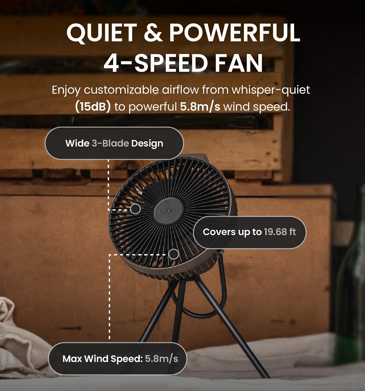 Claymore V600+ Warm Gray Rechargeable Portable Fan – 7,800mAh Battery, 4-Speed BLDC Ultra-Quiet Air Circulator USB-C Charging 32 Hrs Runtime Tripod Mountable Adjustable for Camping, Indoor, Outdoor - Image 4