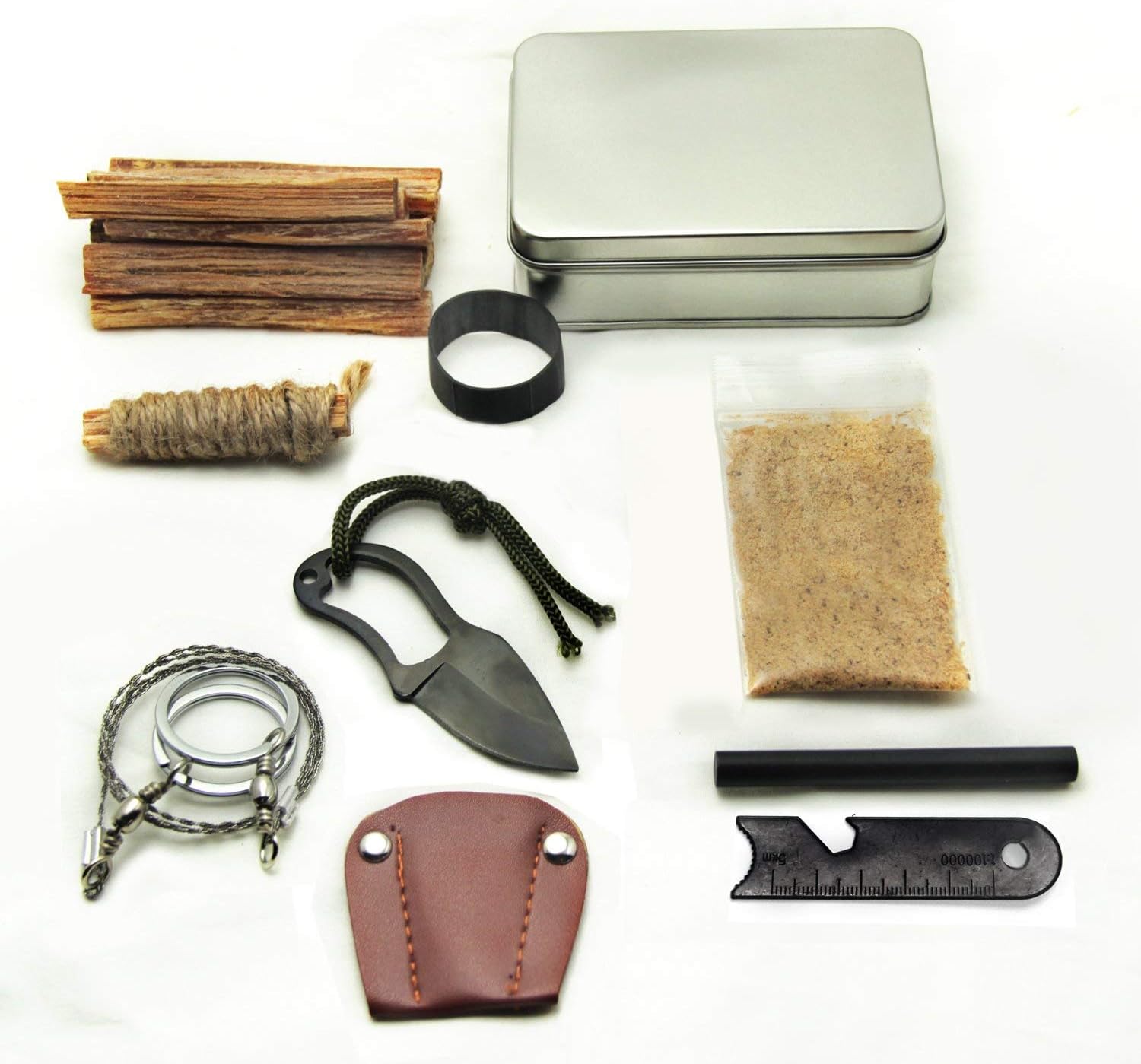 Pocket Survival Fire Starting Tin Fatwood Hand Cut in USA Bushcraft Outdoorsman Hunting Hiking Fishing Ferro Rod Striker Saw Knife Made by Steve Kaeser Since 1989