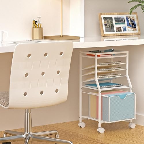 Miniatura 21 de Carrito de archivos rodante, organizador de archivos de escritorio de 6 niveles con ruedas con cerradura, tablones de madera marrón y cajón