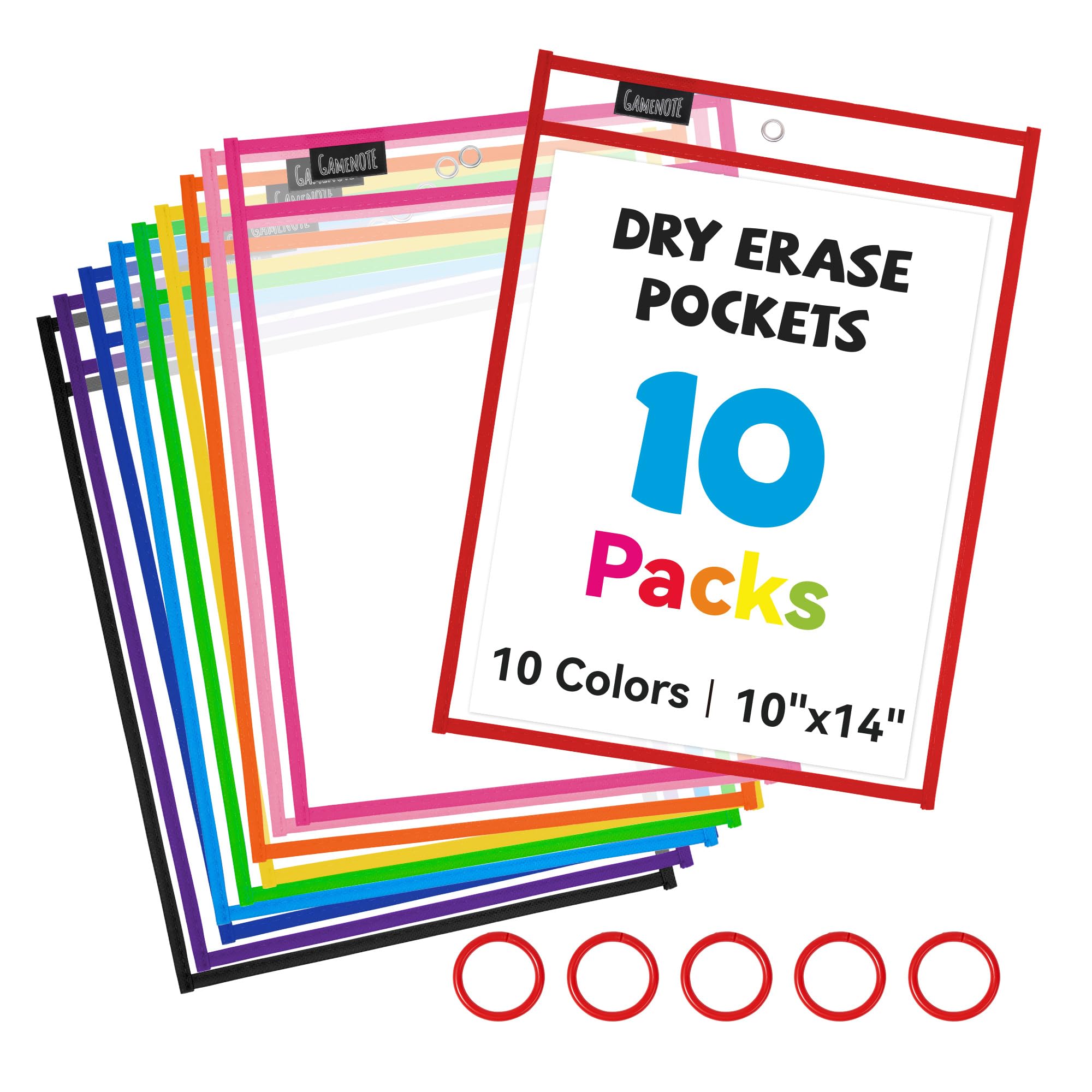 GAMENOTE 10 Pack Dry Erase Pockets, 10x14 Reusable Sleeves, 10 Colors