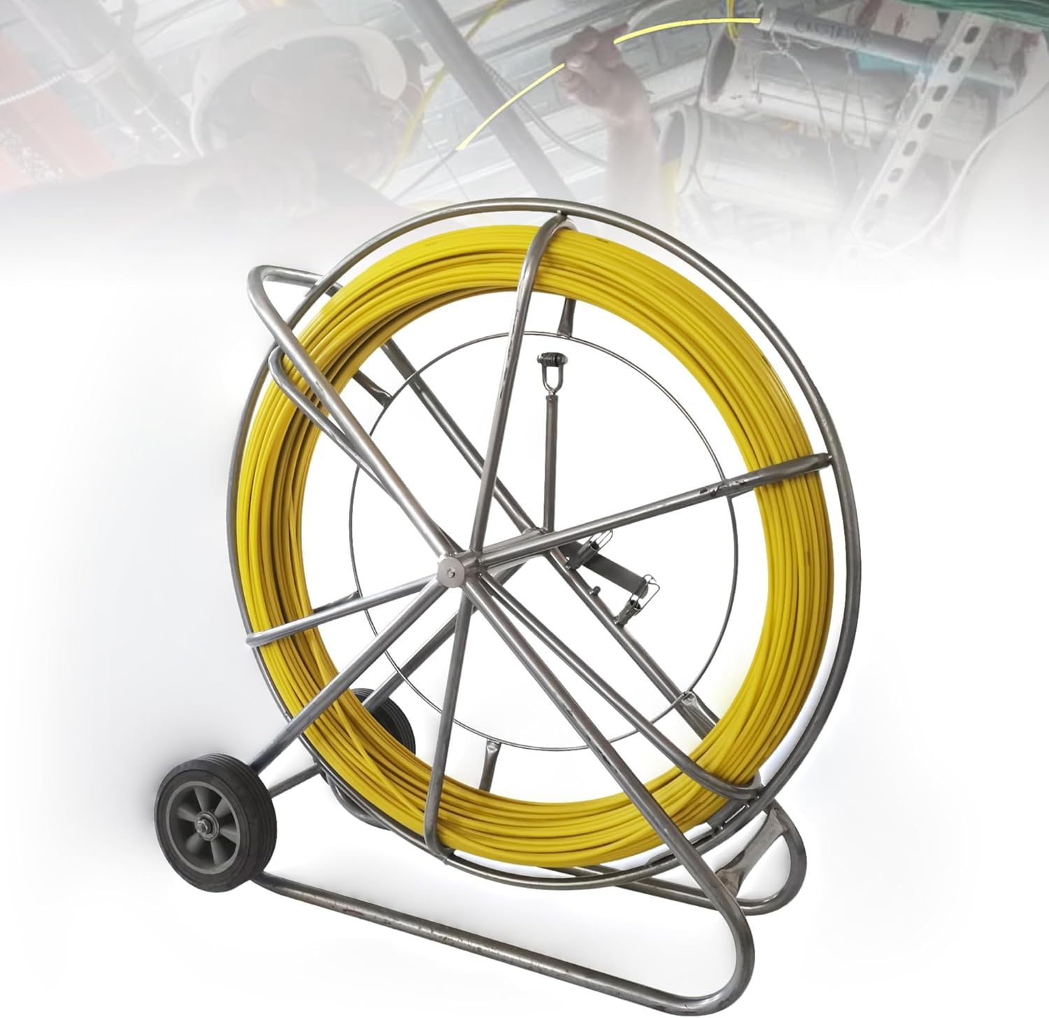 1/2"(12mm) 393FT Fish Tape Electrical Work Fiberglass Wire, Duct Rodder Electrical Wire Puller Cable Running, Through Wall Cable Fiberglass Fish Tape Rod W/Steel Reel Stand
