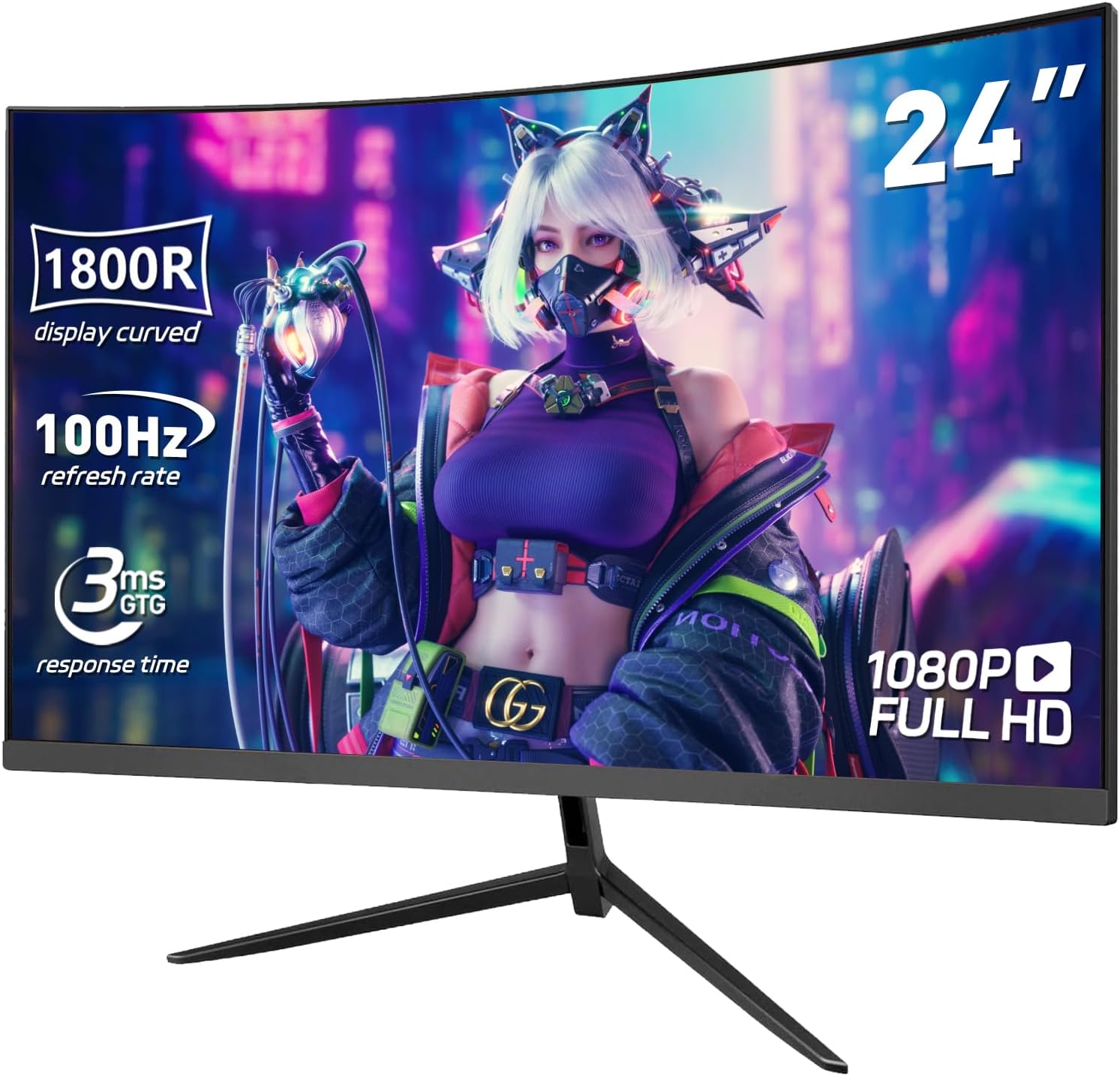 24 Inch Curved Monitor 1800R FHD 1080P, 100Hz, 3ms Response Time, HDMI/DP, Built-in 2×2W Speakers, AMD FreeSync Compatible, Eye Care, Flicker-Free, Blue Light Filter