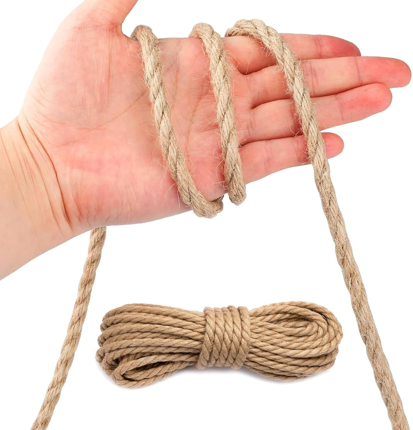 Cuerda de Yute y Cáñamo Natural, 14mm x 15m, Gruesa para Rascador de Gatos, Artesanía, Embalaje y Decoración