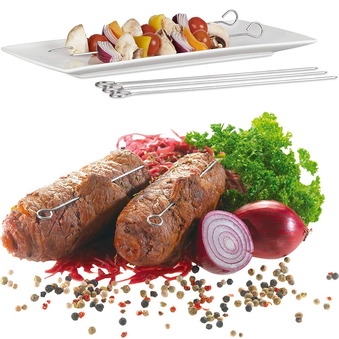 Polly Online Spiedini da Barbecue in Acciaio Inossidabile da 15 cm, Bastoncini da Cocktail, riutilizzabili Martini in Vetro da 50 Pezzi