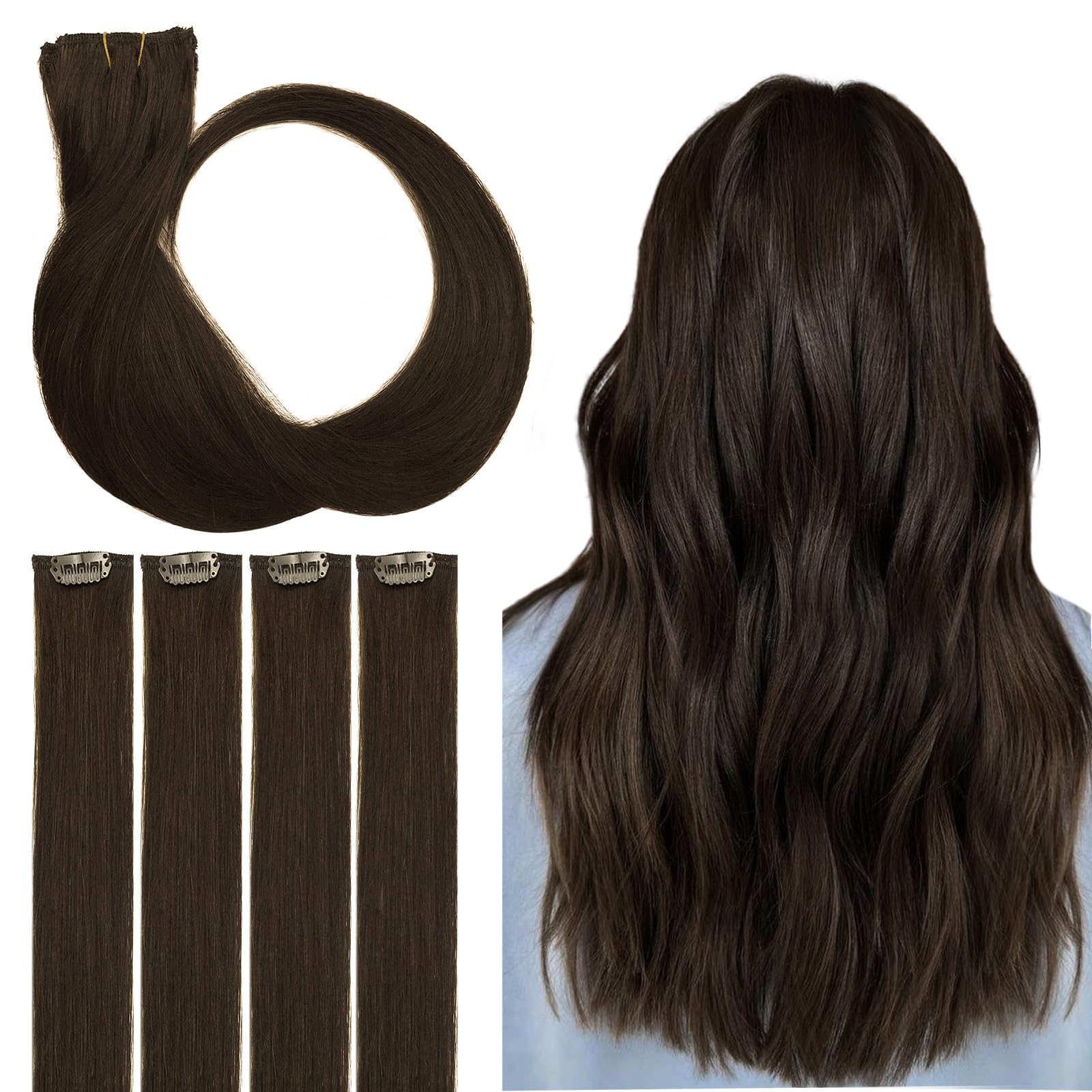 DOORES Clip in Hair Extensions Human Hair, 4pcs Light Dark Brown 18 Inch Remy Hair Extensions Natural Straight
