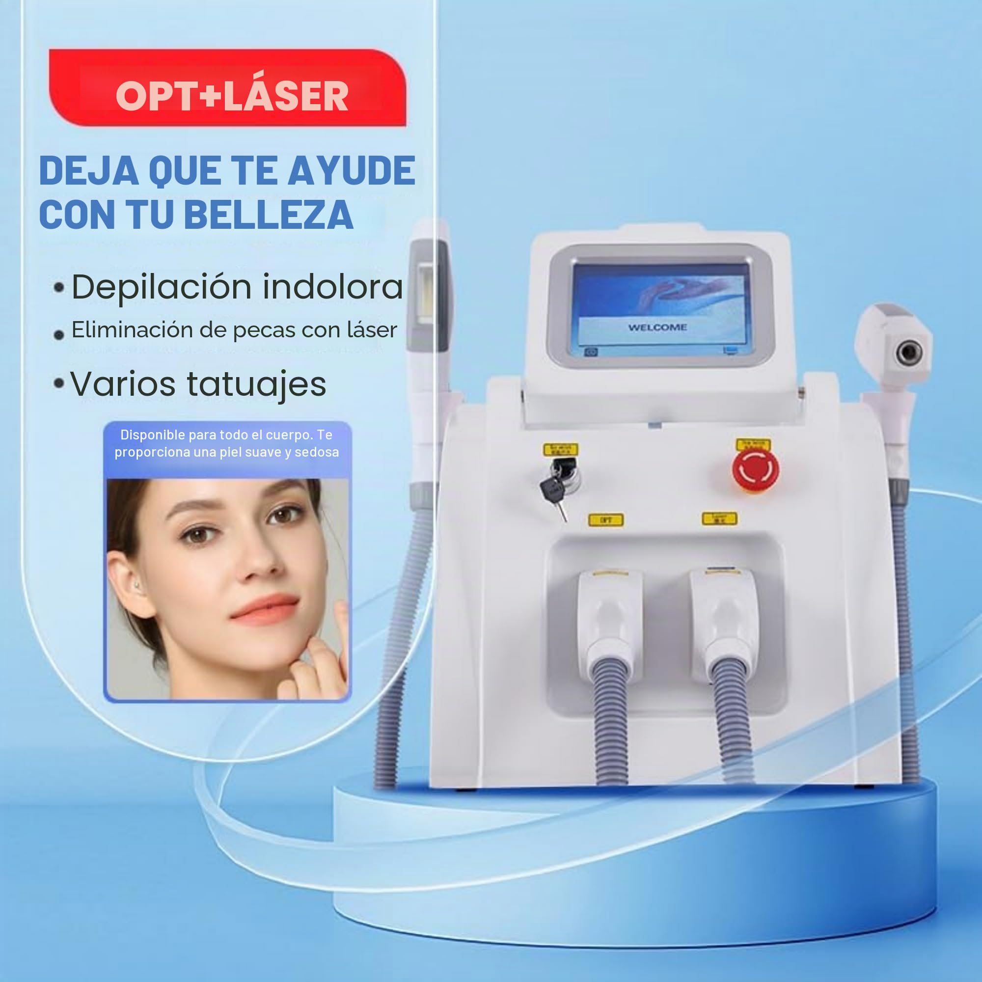OPT IPL Luz Pulsada + Láser Picosegundos, Dispositivo Belleza 2 en 1 para Reducción de Vello, Mejora de Pecas, Tatuajes y Marcas Cutáneas